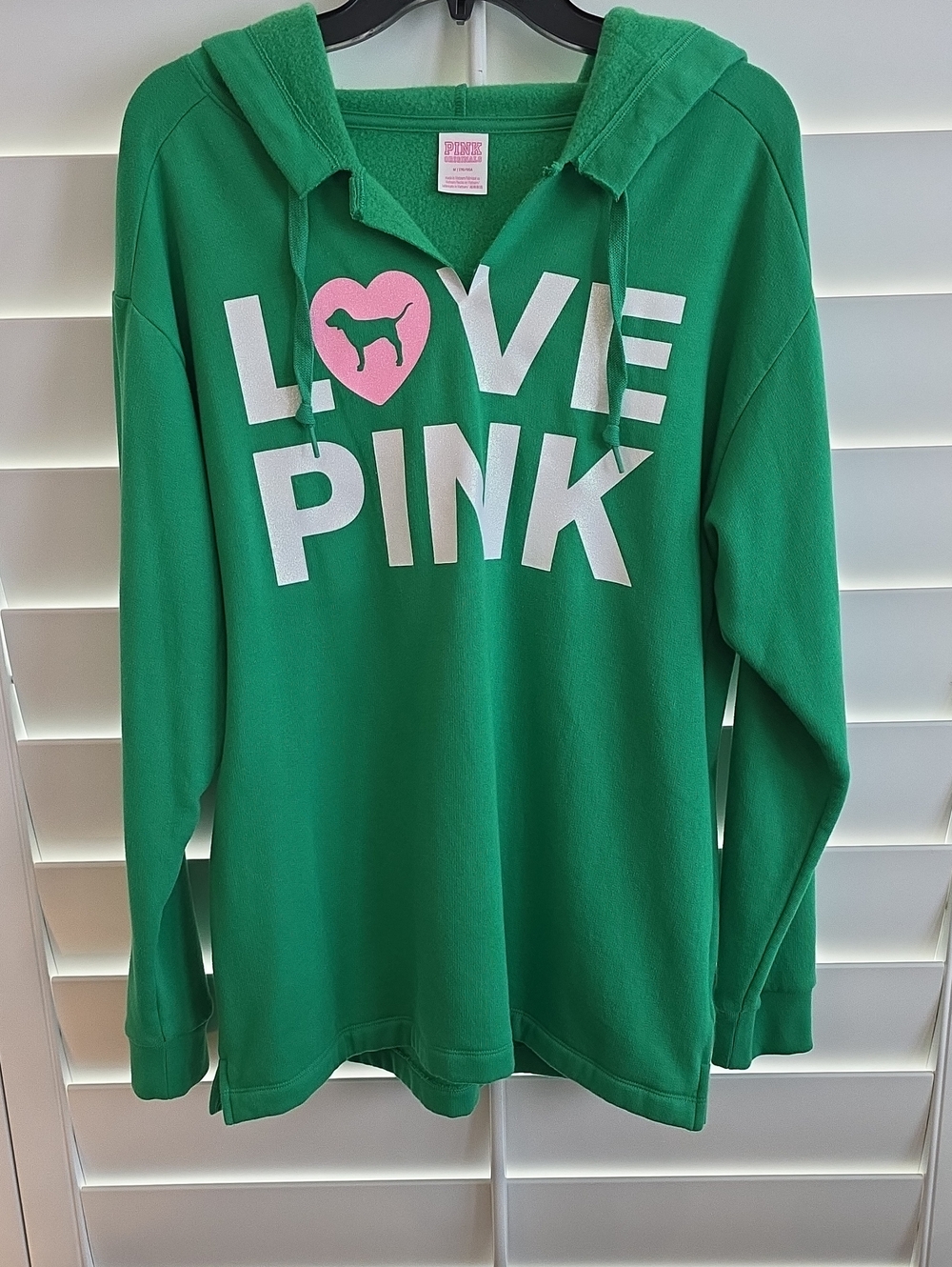 PINK Victoria's Secret Green Hoodie with White & Pink 'LOVE PINK' Graphic